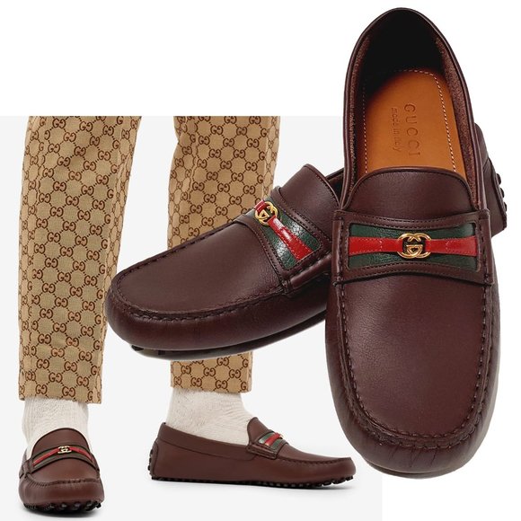 GUCCI SHOES MENS AYRTON DRIVER w WEB GG MOCCASINS BROWN LEATHER - Picture 1 of 14